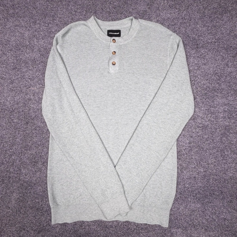 Lucky Brand Mens Small Henley Sweater Sage Green Ribbed Knit V00292 131592